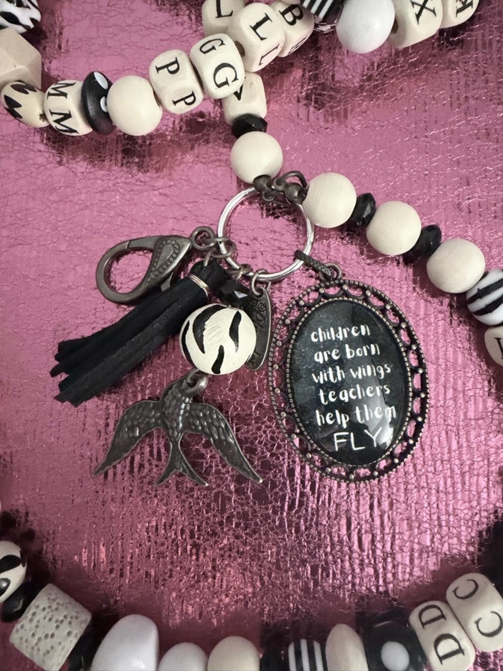 Plunder Black and Cream Teacher Charm Lanyard 45” gift - Picture 2 of 5